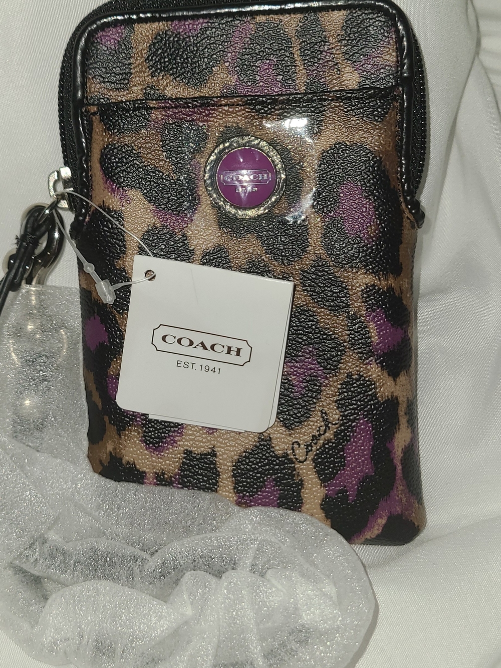 Coach Mini Phone Pouch in Purple and Brown Leopard Print